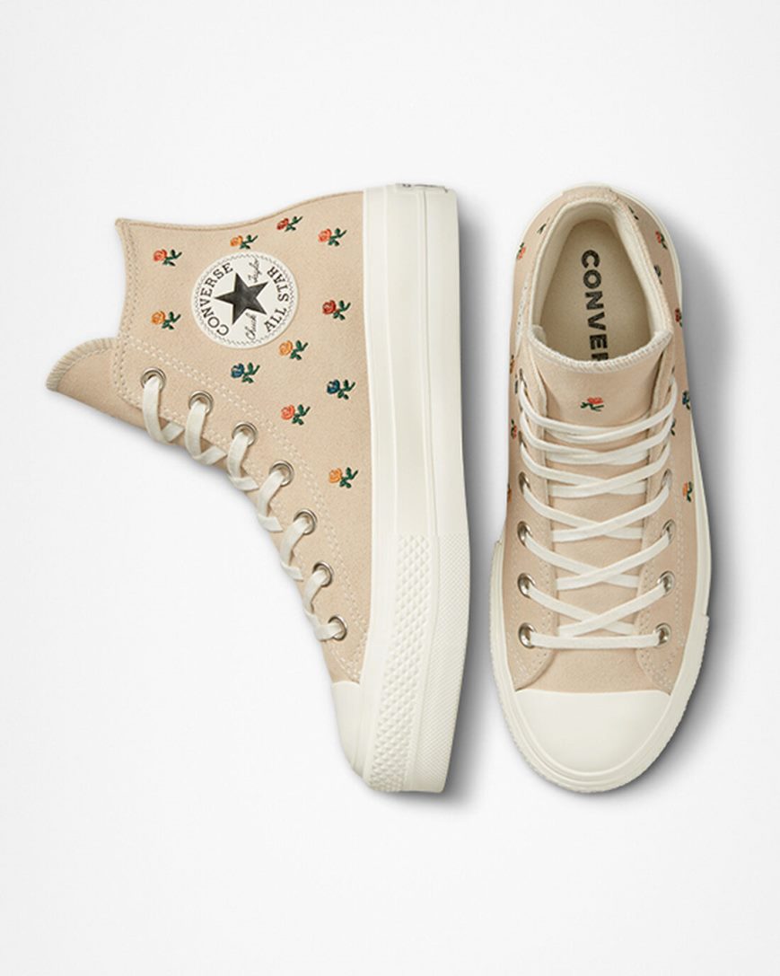 Sapatos Plataforma Converse Chuck Taylor All Star Lift Embroidered Roses Cano Alto Feminino Bege | PT T098P01